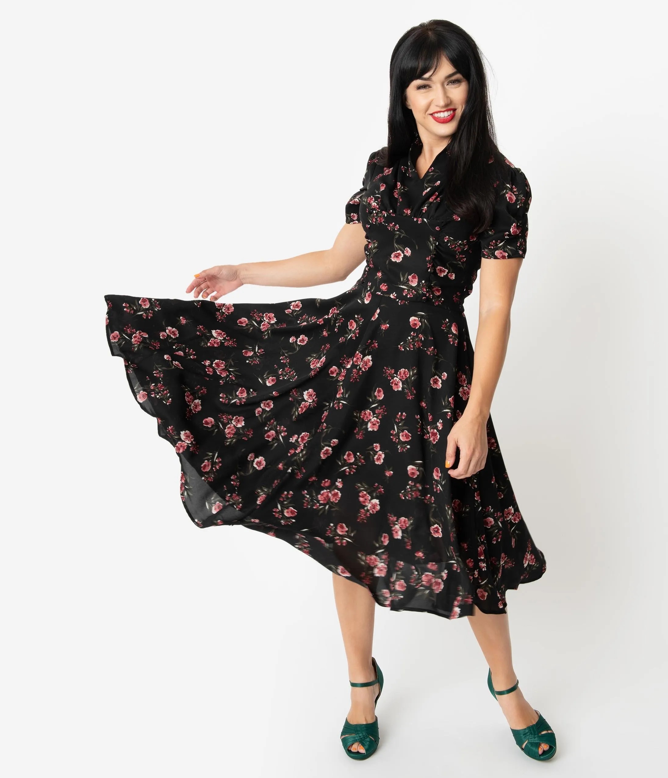 Unique Vintage 1940s Black & Pink Floral Print Camilla Midi Dress