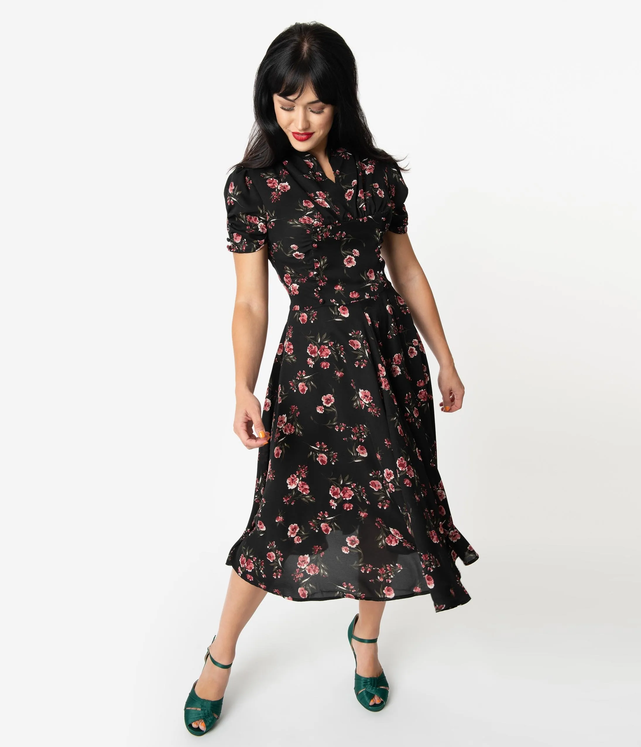 Unique Vintage 1940s Black & Pink Floral Print Camilla Midi Dress