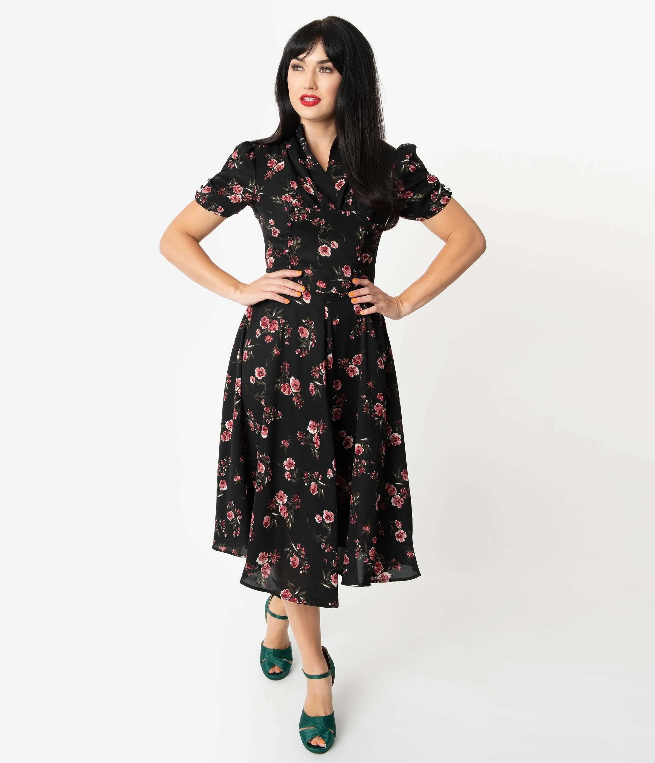 Unique Vintage 1940s Black & Pink Floral Print Camilla Midi Dress