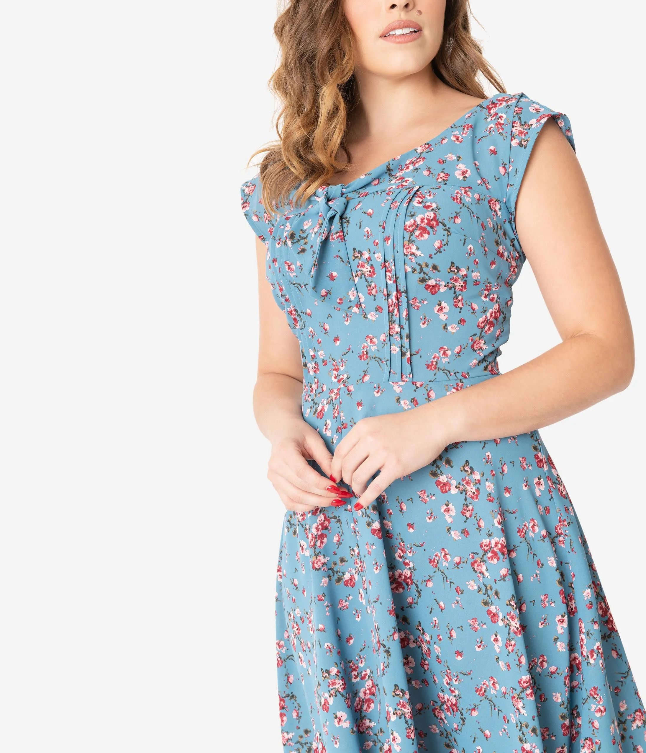 Unique Vintage 1940s Chambray Blue & Pink Floral Print Havilland Dress