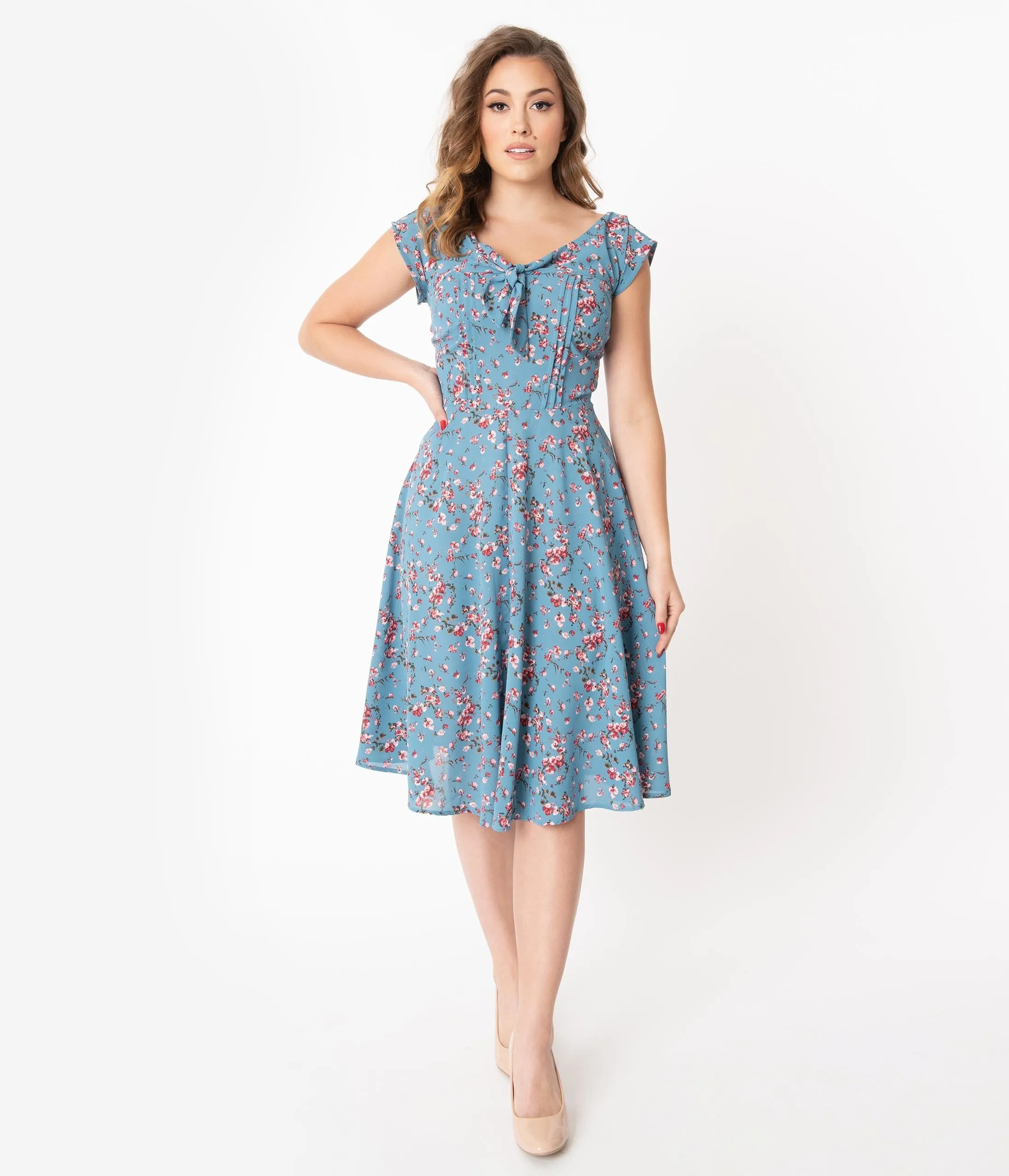 Unique Vintage 1940s Chambray Blue & Pink Floral Print Havilland Dress