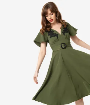 Unique Vintage 1940s Olive & Black Embroidered Kay Swing Dress