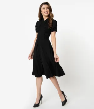 Unique Vintage 1940s Style Black Short Sleeve Camilla Midi Dress