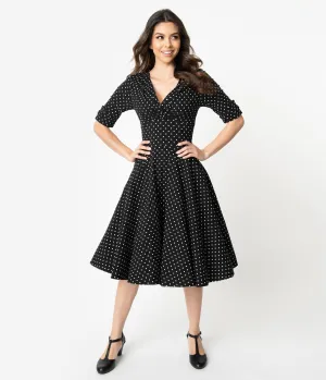 Unique Vintage 1950s Black & White Dot Delores Swing Dress with Sleeves