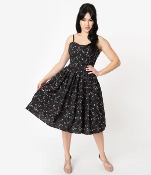 Unique Vintage 1950s Black Embroidered Floral Darcy Swing Dress