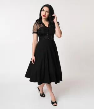 Unique Vintage 1950s Black Stretch Sheer Button Roz Swing Dress