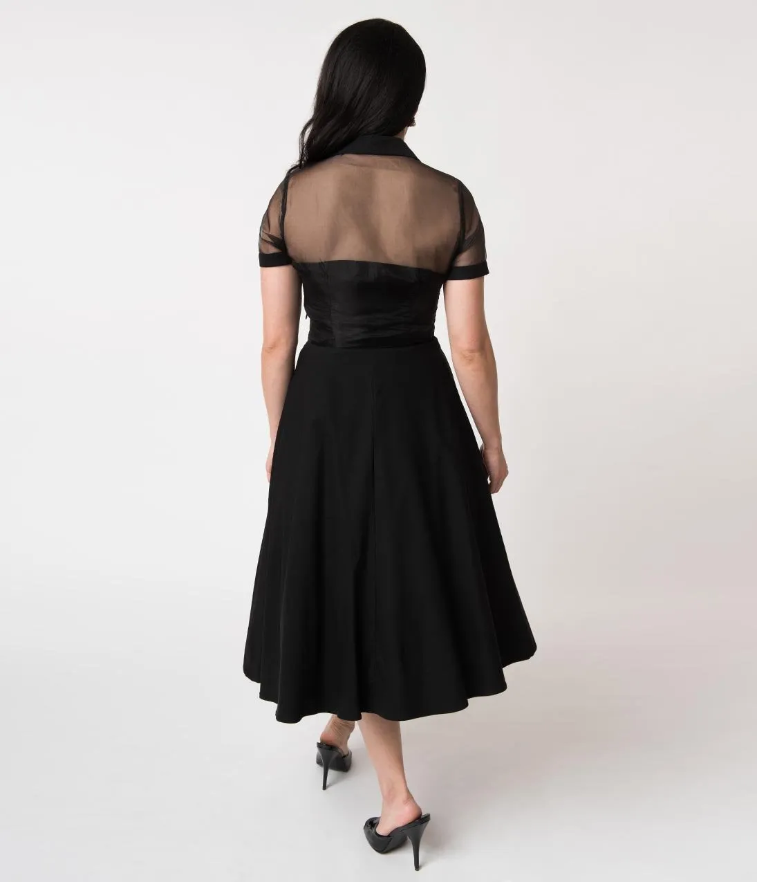 Unique Vintage 1950s Black Stretch Sheer Button Roz Swing Dress