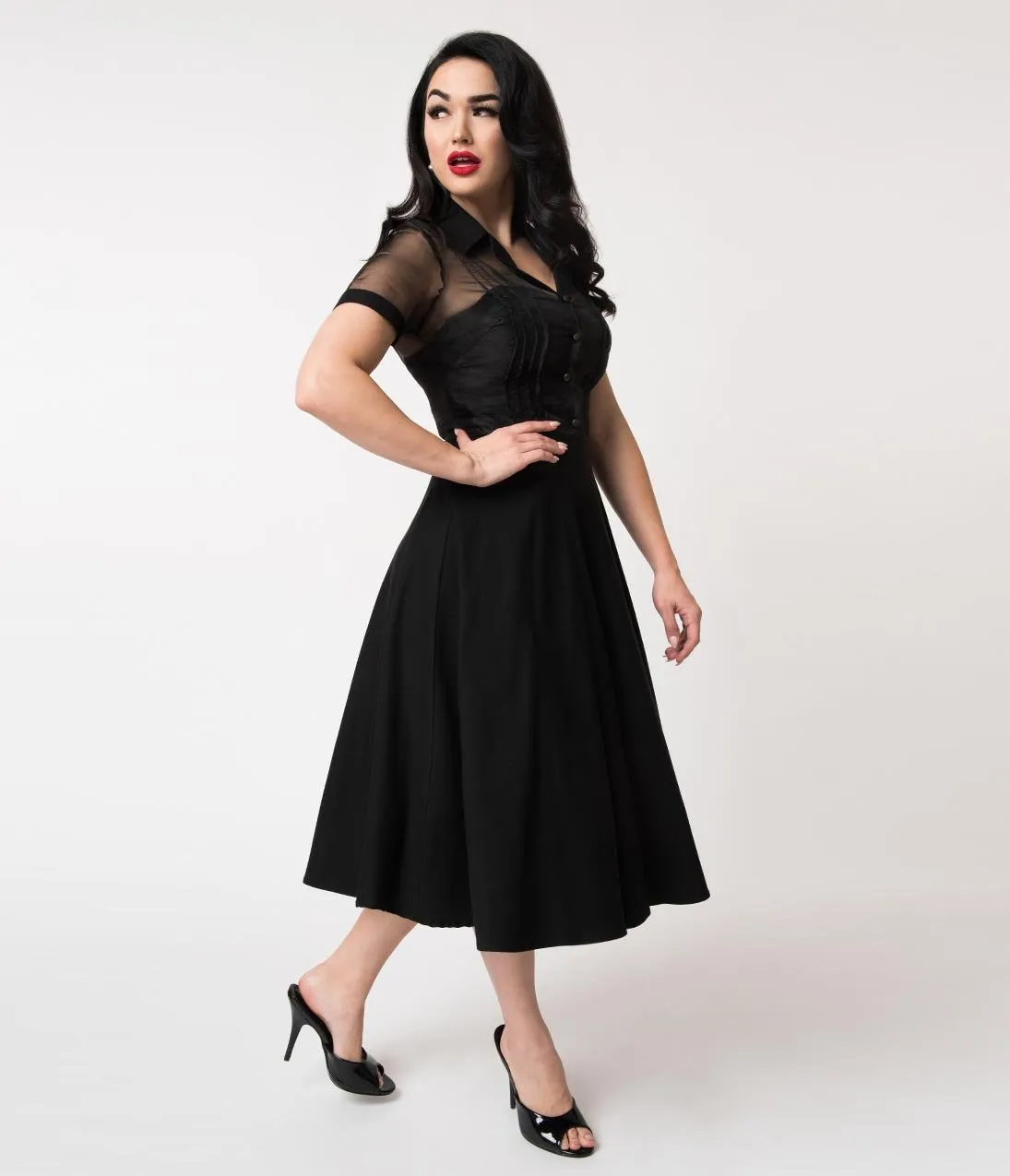 Unique Vintage 1950s Black Stretch Sheer Button Roz Swing Dress