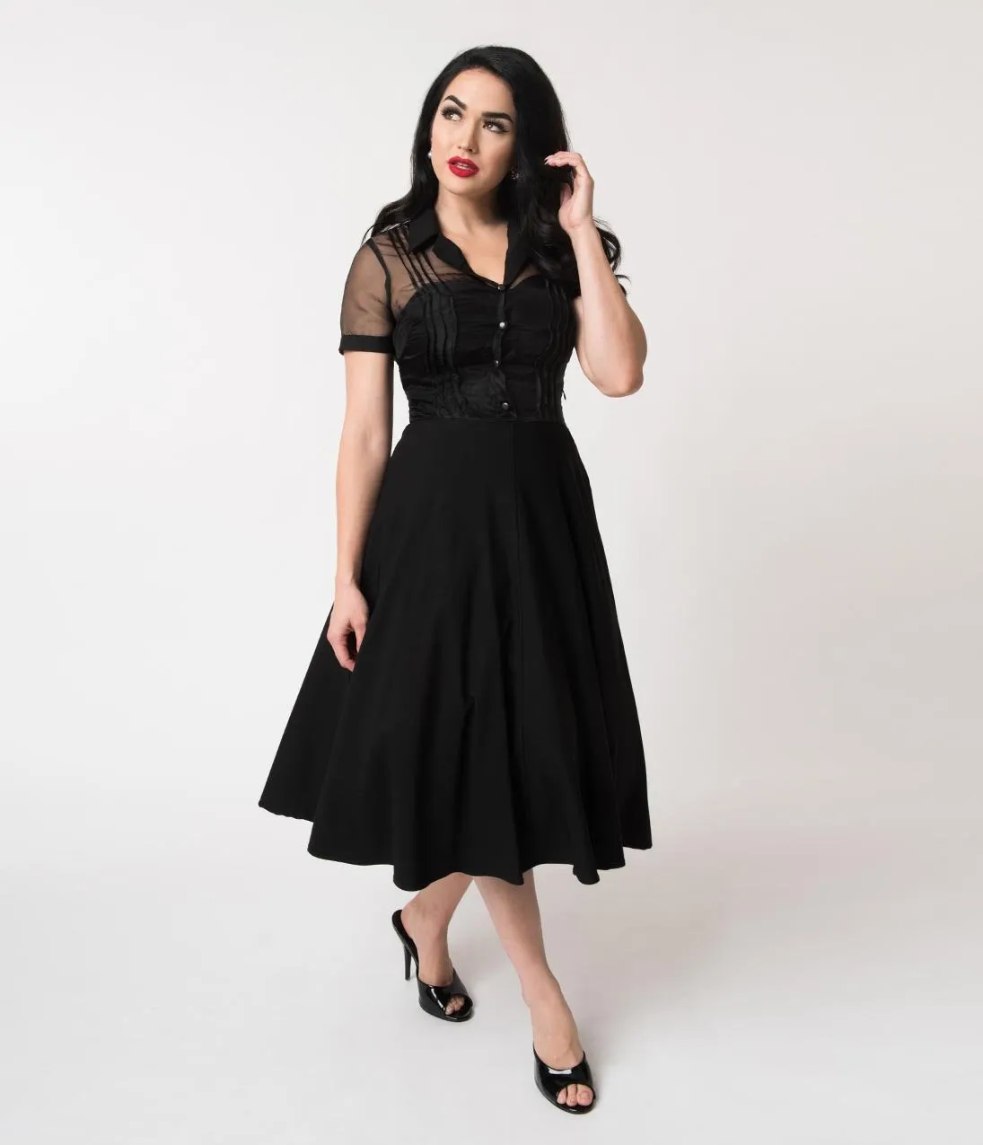 Unique Vintage 1950s Black Stretch Sheer Button Roz Swing Dress