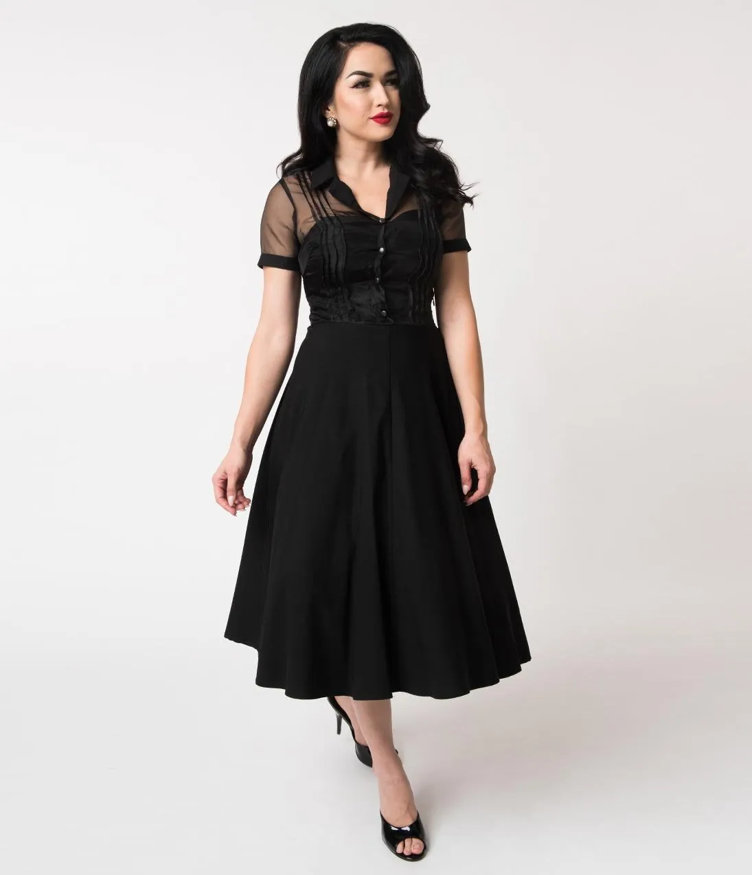 Unique Vintage 1950s Black Stretch Sheer Button Roz Swing Dress