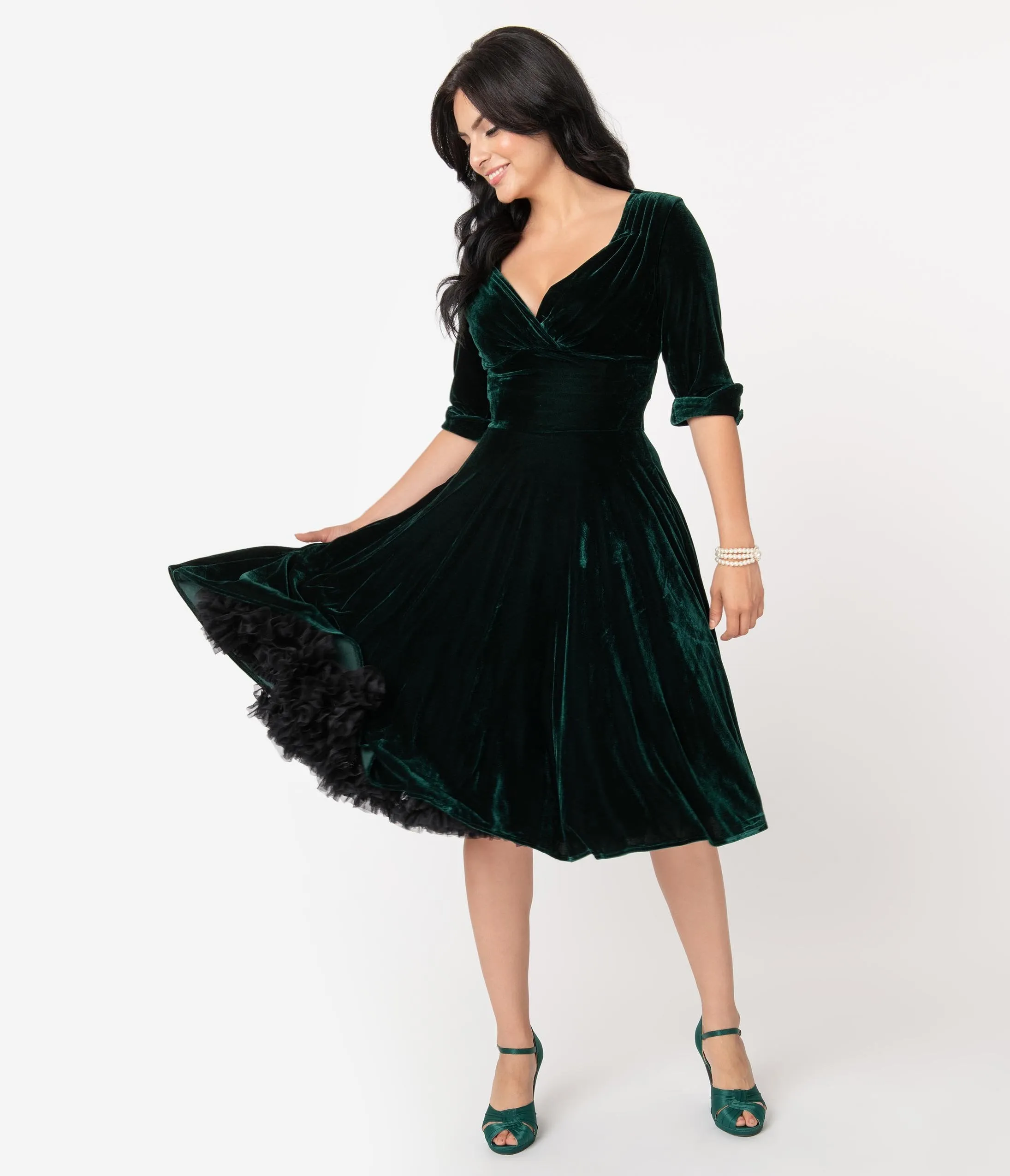 Unique Vintage 1950s Emerald Green Velvet Delores Swing Dress with Sleeves