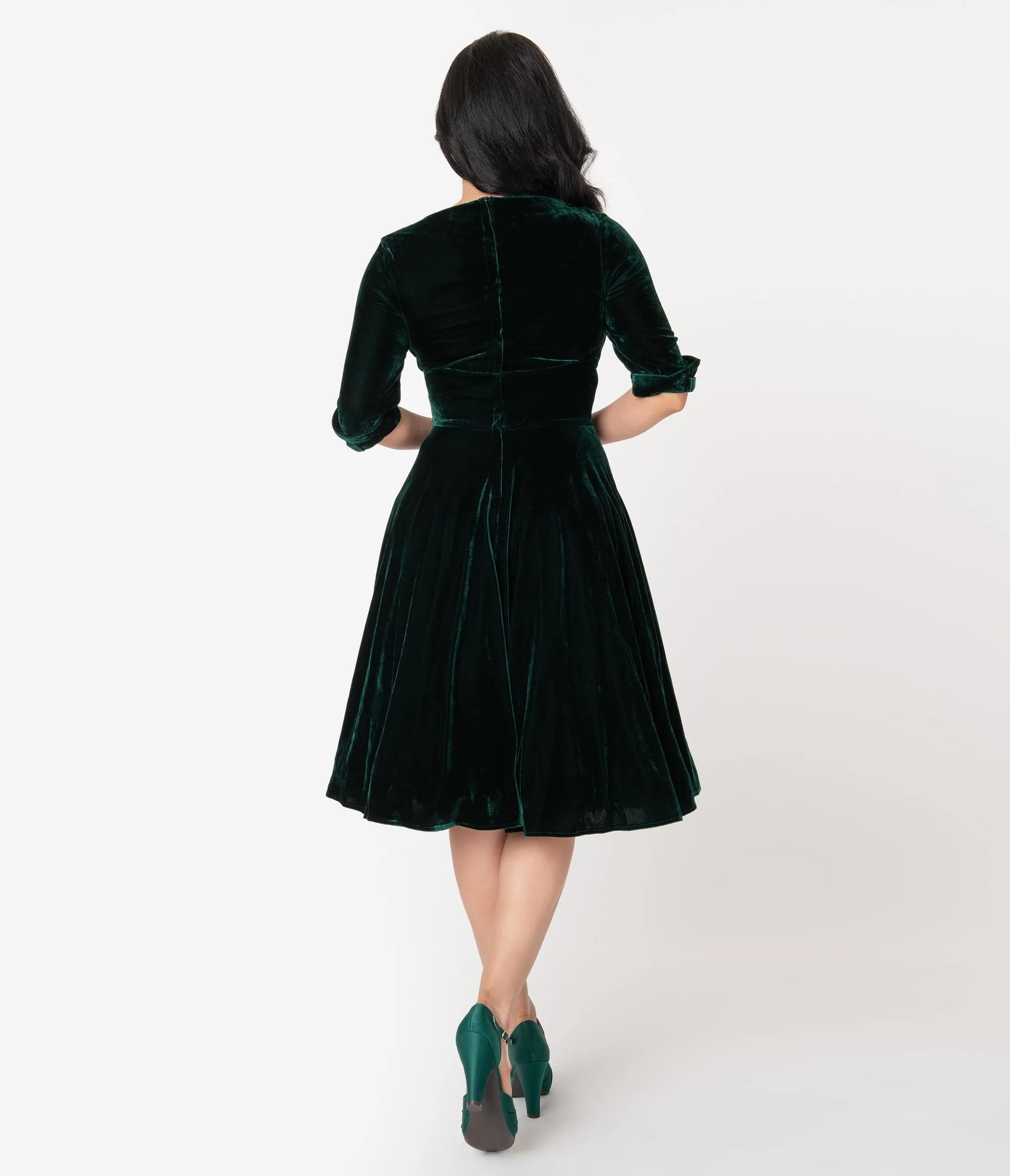 Unique Vintage 1950s Emerald Green Velvet Delores Swing Dress with Sleeves