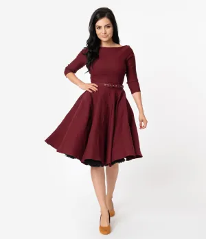 Unique Vintage 1950s Style Wine Red Stretch Sleeved Devon Swing Dress