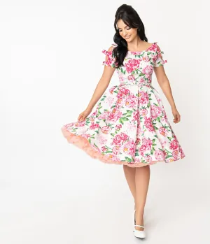 Unique Vintage 1950s White & Pink Floral Selma Swing Dress