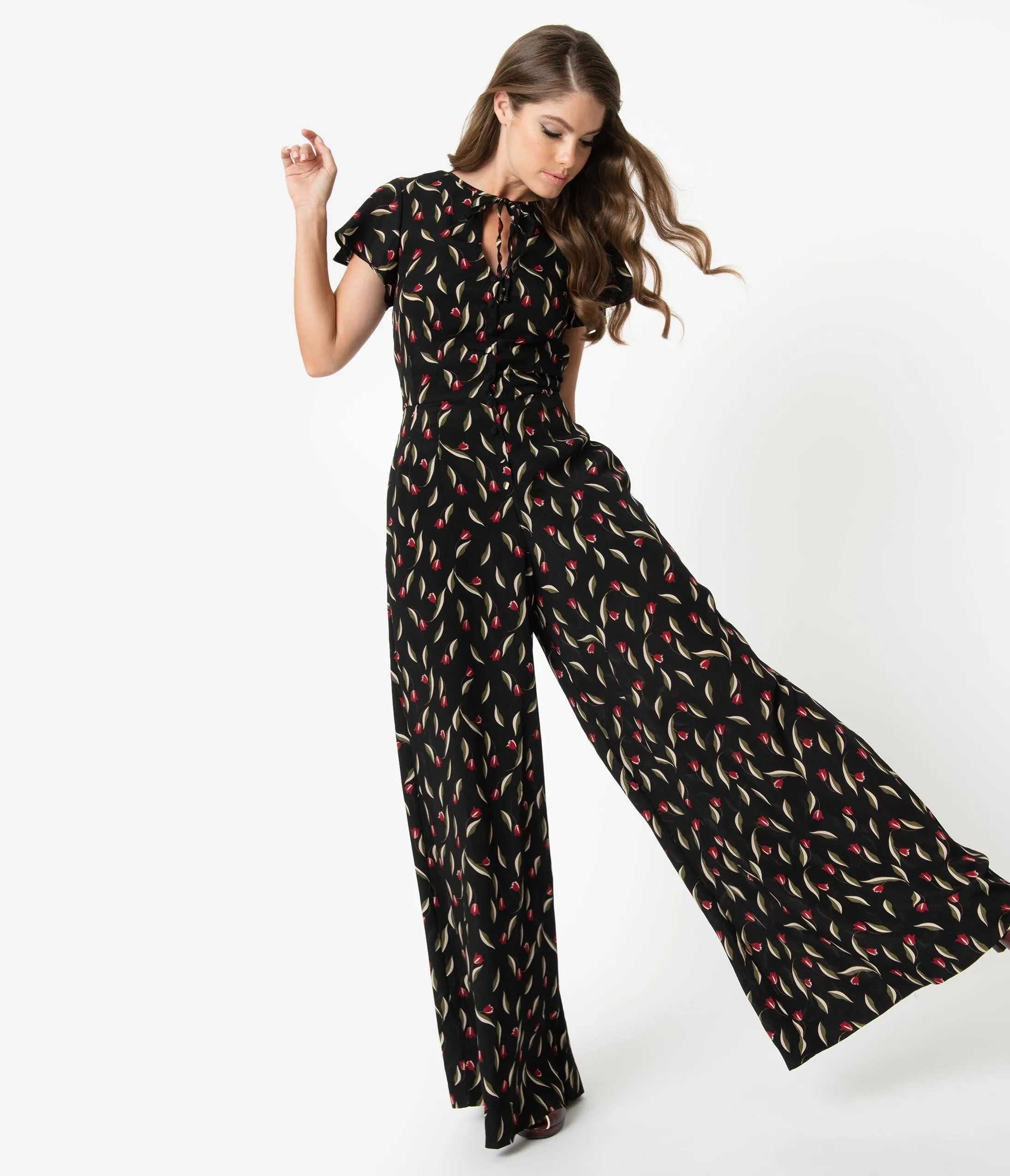 Unique Vintage 1960s Black & Red Floral Orleans Jumpsuit