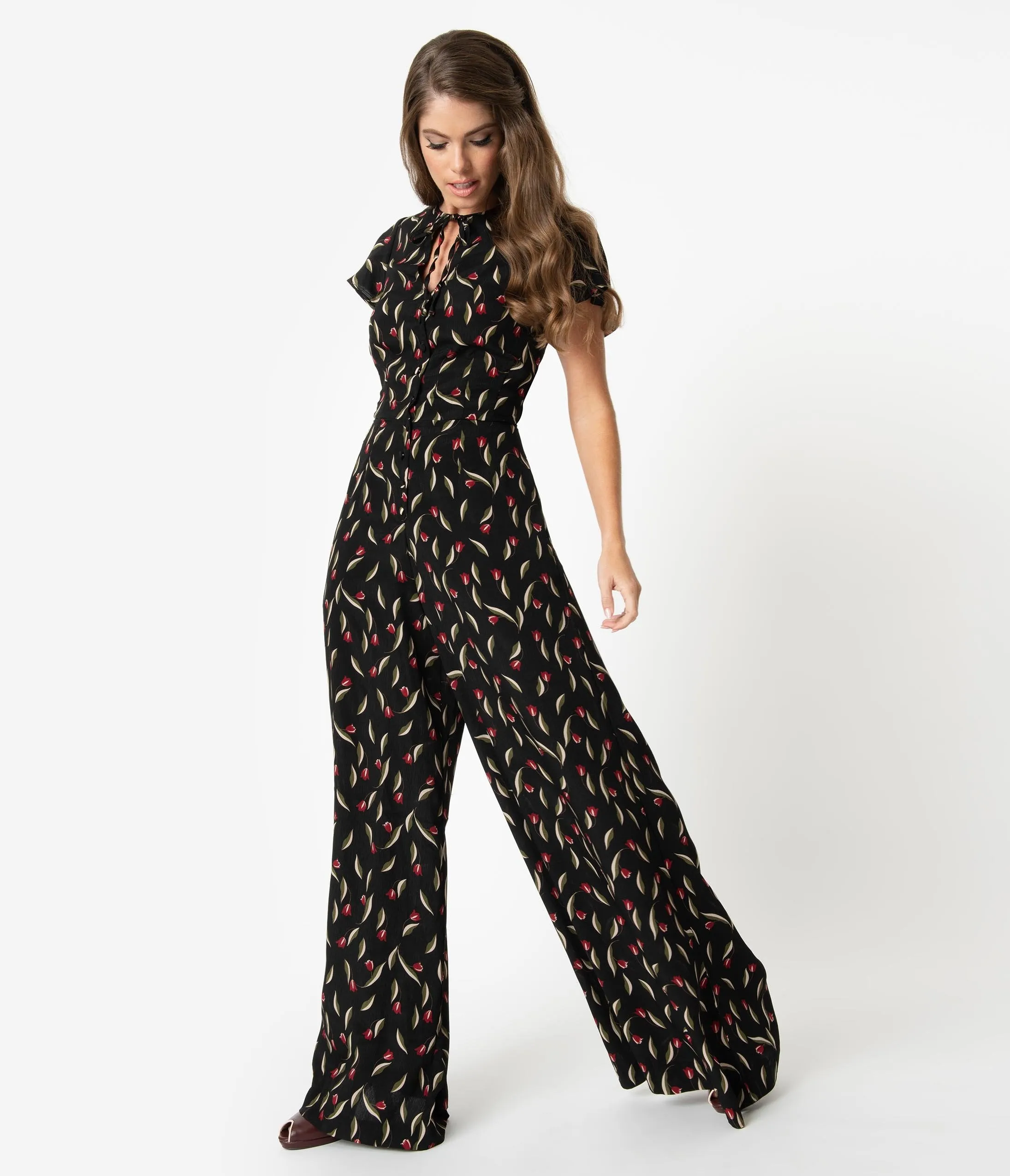 Unique Vintage 1960s Black & Red Floral Orleans Jumpsuit