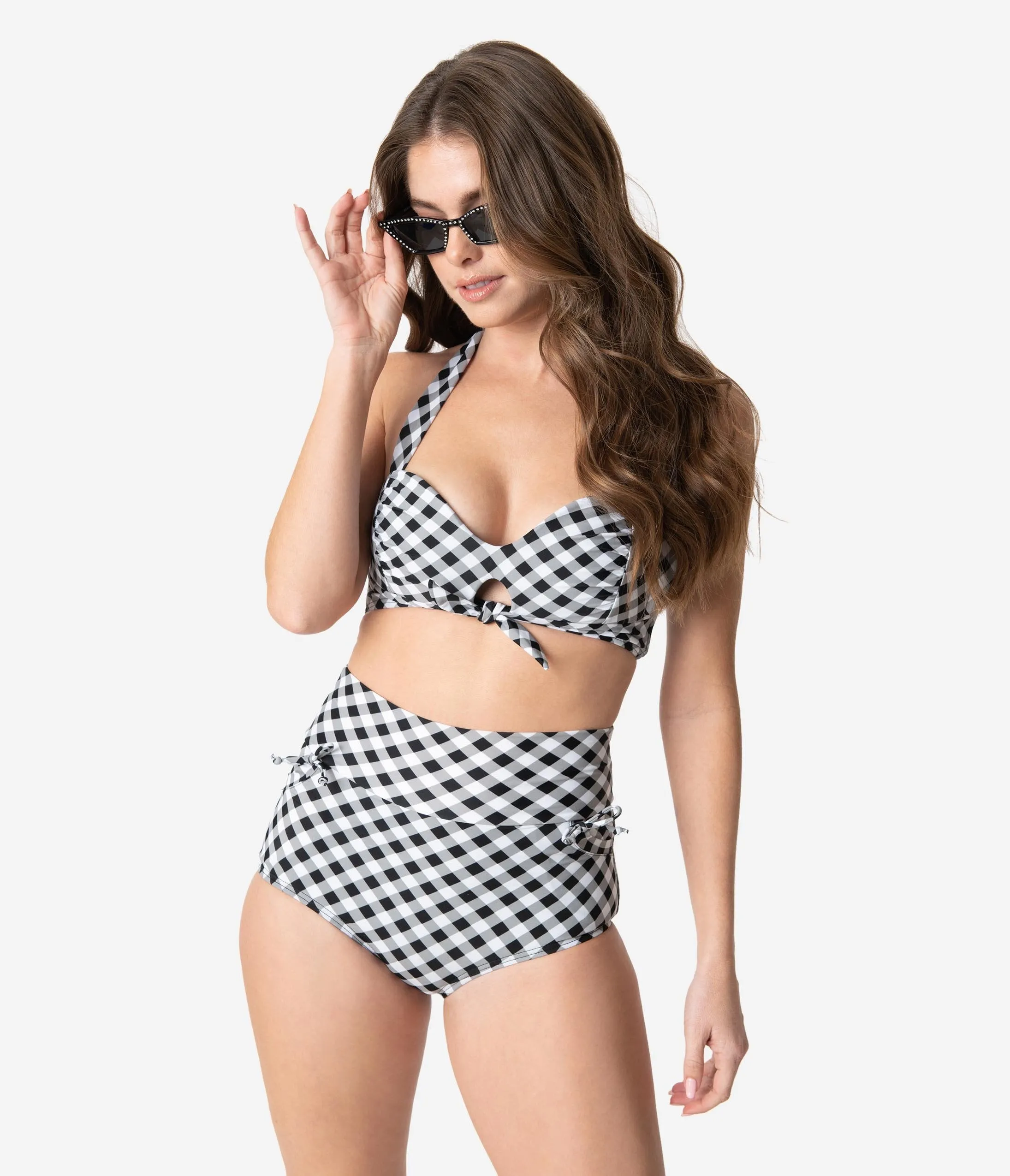 Unique Vintage Black & White Gingham Gilda High Waist Swim Bottoms