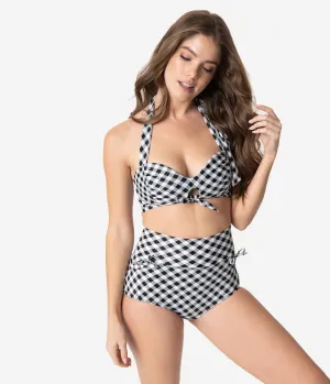 Unique Vintage Black & White Gingham Gilda High Waist Swim Bottoms