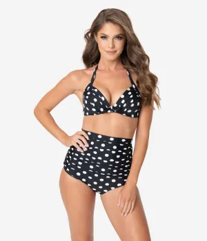 Unique Vintage Black & White Polka Dot Monroe High Waist Bikini Bottom