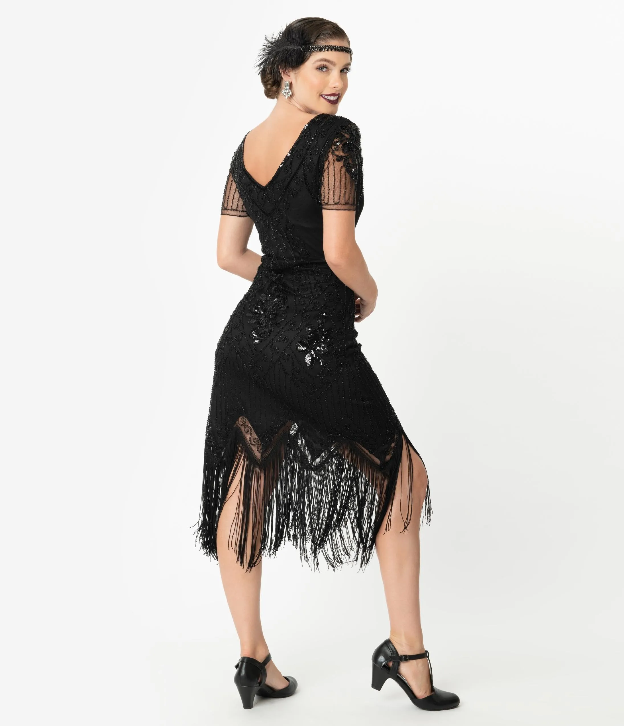 Unique Vintage Black Beaded Short Sleeve Fringe Valentine Cocktail Flapper Dress