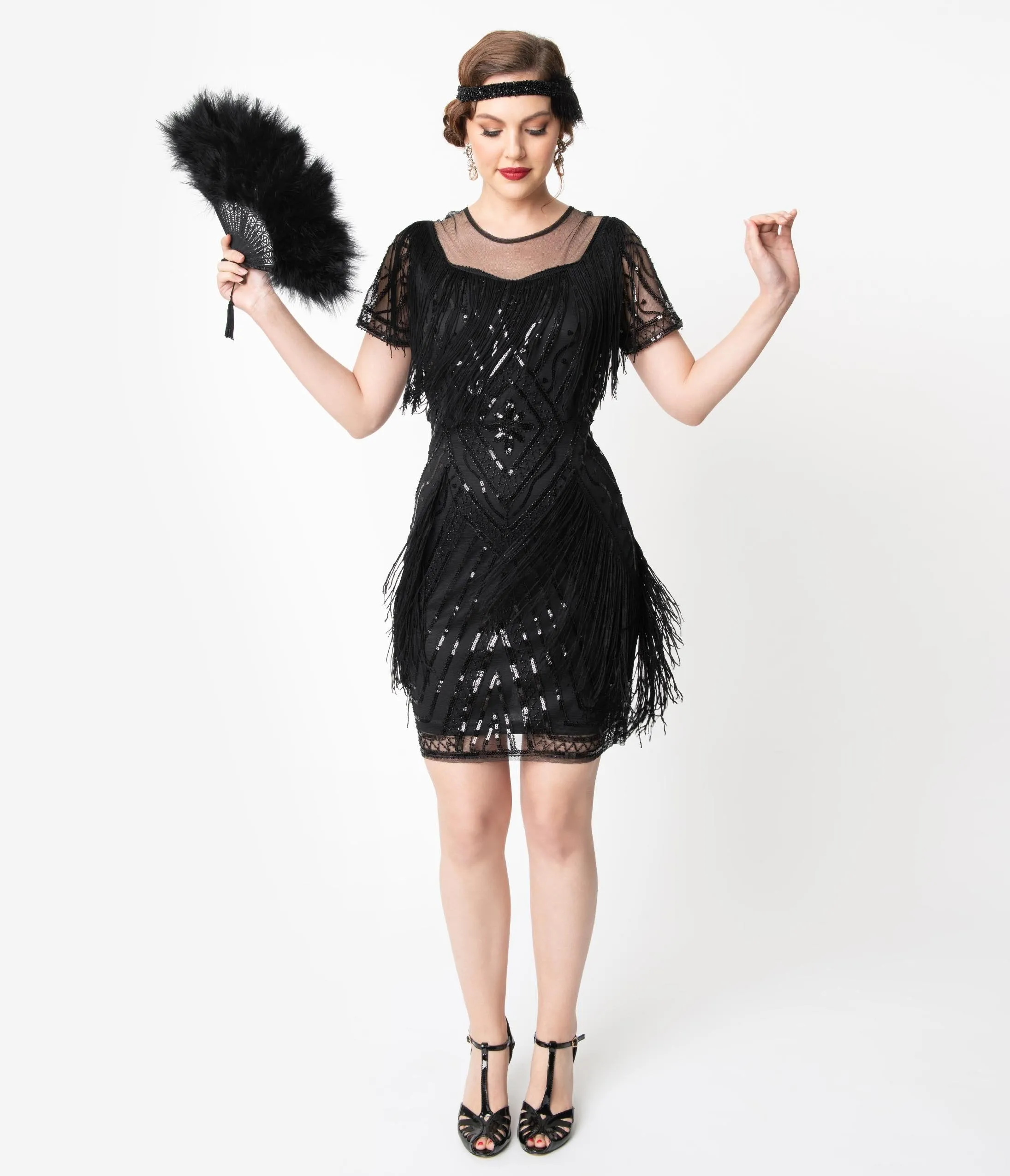 Unique Vintage Black Beaded Sleeve Fringe Le Havre Cocktail Flapper Dress