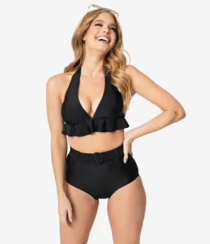 Unique Vintage Black Ruffle Oceanside Halter Bikini Top