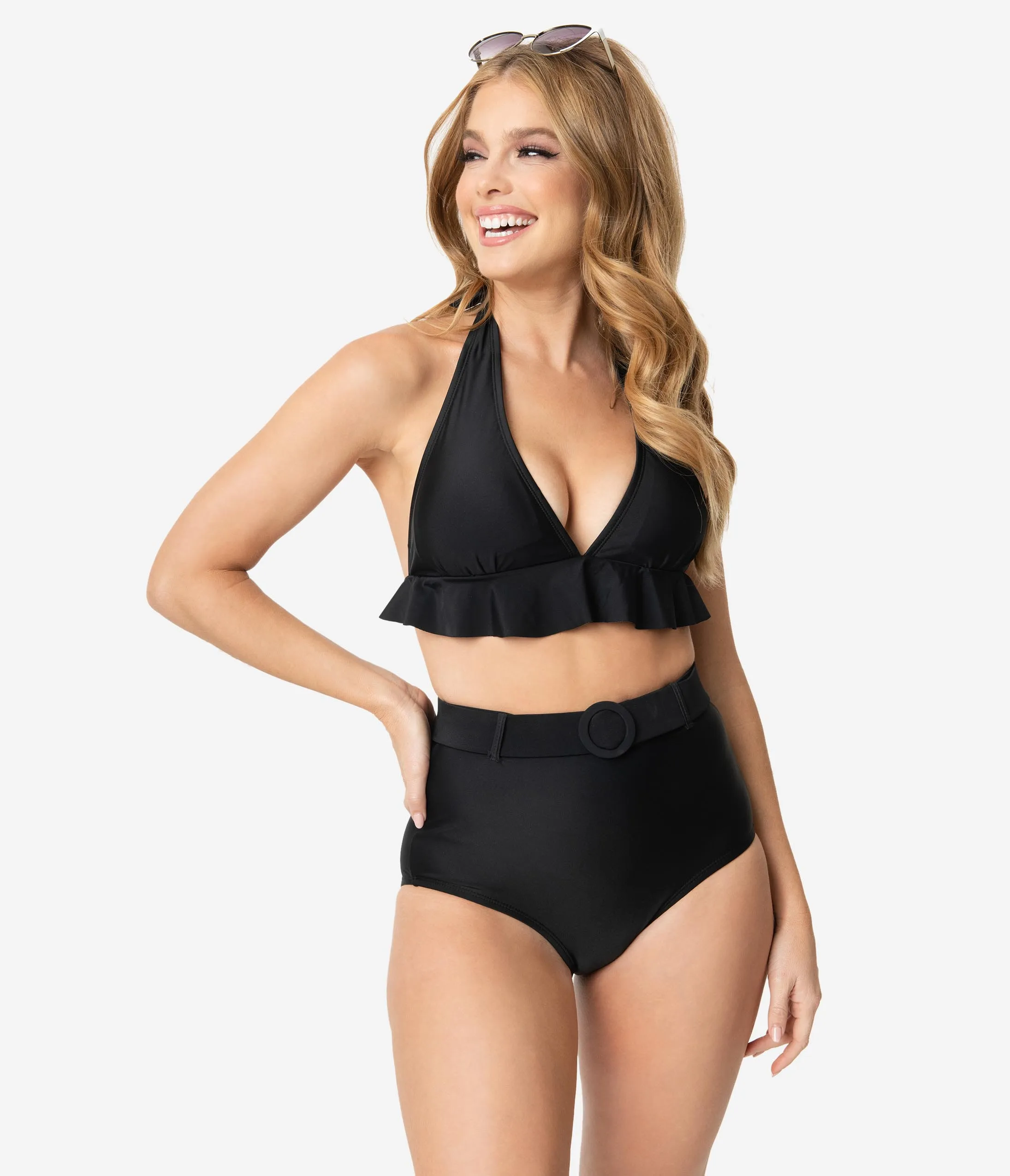 Unique Vintage Black Ruffle Oceanside Halter Bikini Top