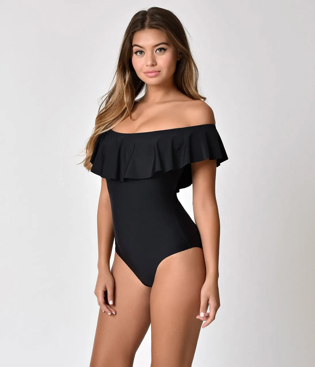 Unique Vintage Black Ruffled Off Shoulder Beatrix Swimsuit