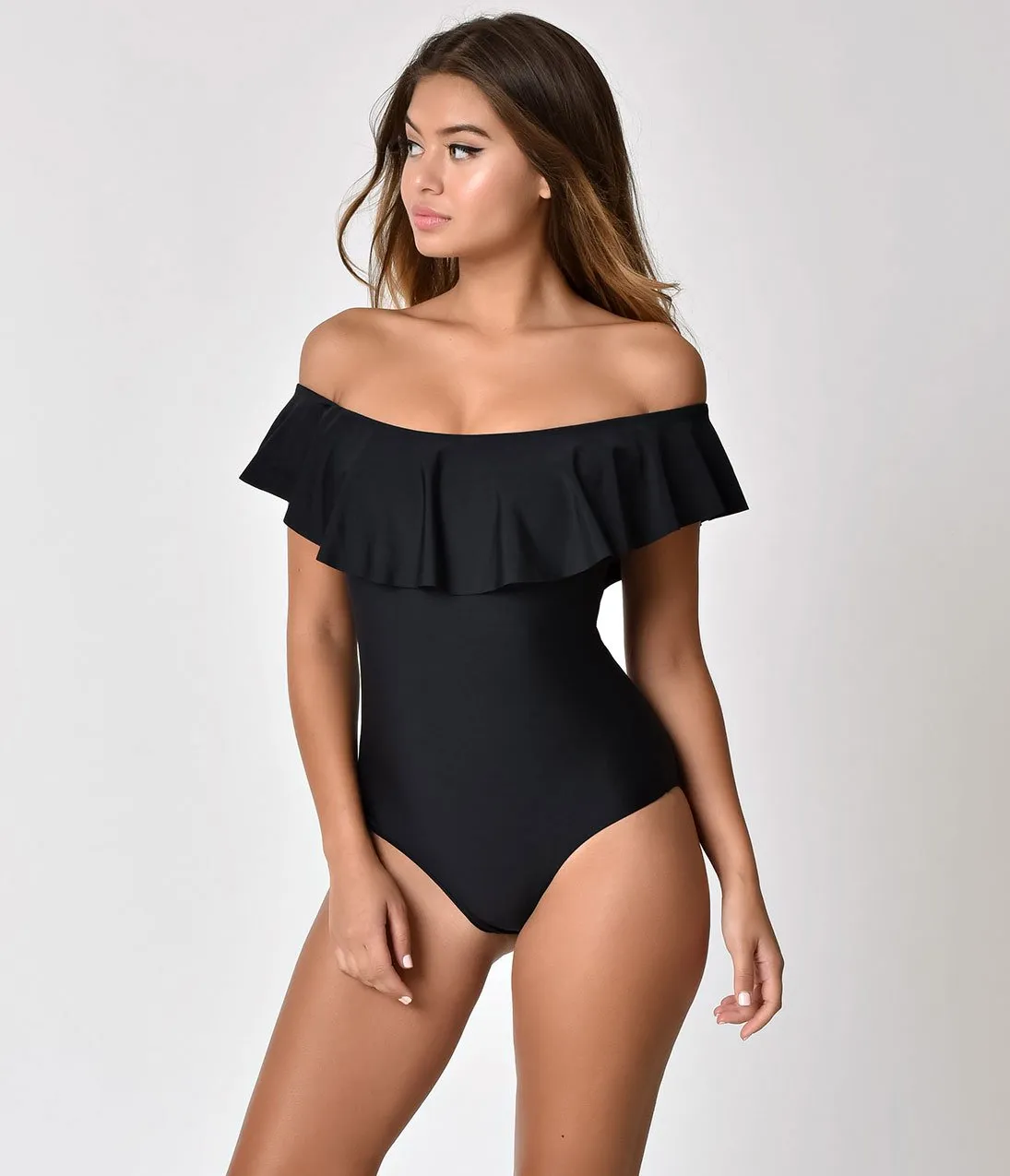 Unique Vintage Black Ruffled Off Shoulder Beatrix Swimsuit