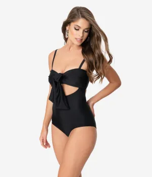 Unique Vintage Black Sweetheart Bow Cut Out Avila Swimsuit