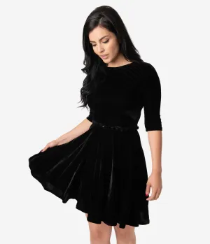 Unique Vintage Black Velvet Stephanie Fit & Flare Dress