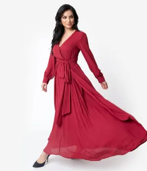 Unique Vintage Burgundy Red Long Sleeve Farrah Maxi Dress