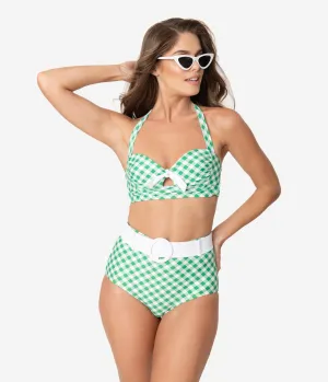 Unique Vintage Green & White Gingham Belted Retro Redondo Swim Bottoms