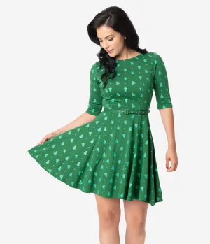 Unique Vintage Green Christmas Tree Print Stephanie Fit & Flare Dress