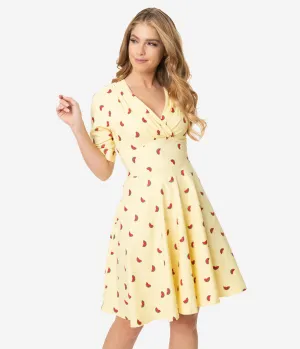 Unique Vintage Light Yellow Watermelon Print Delores Fit & Flare Dress