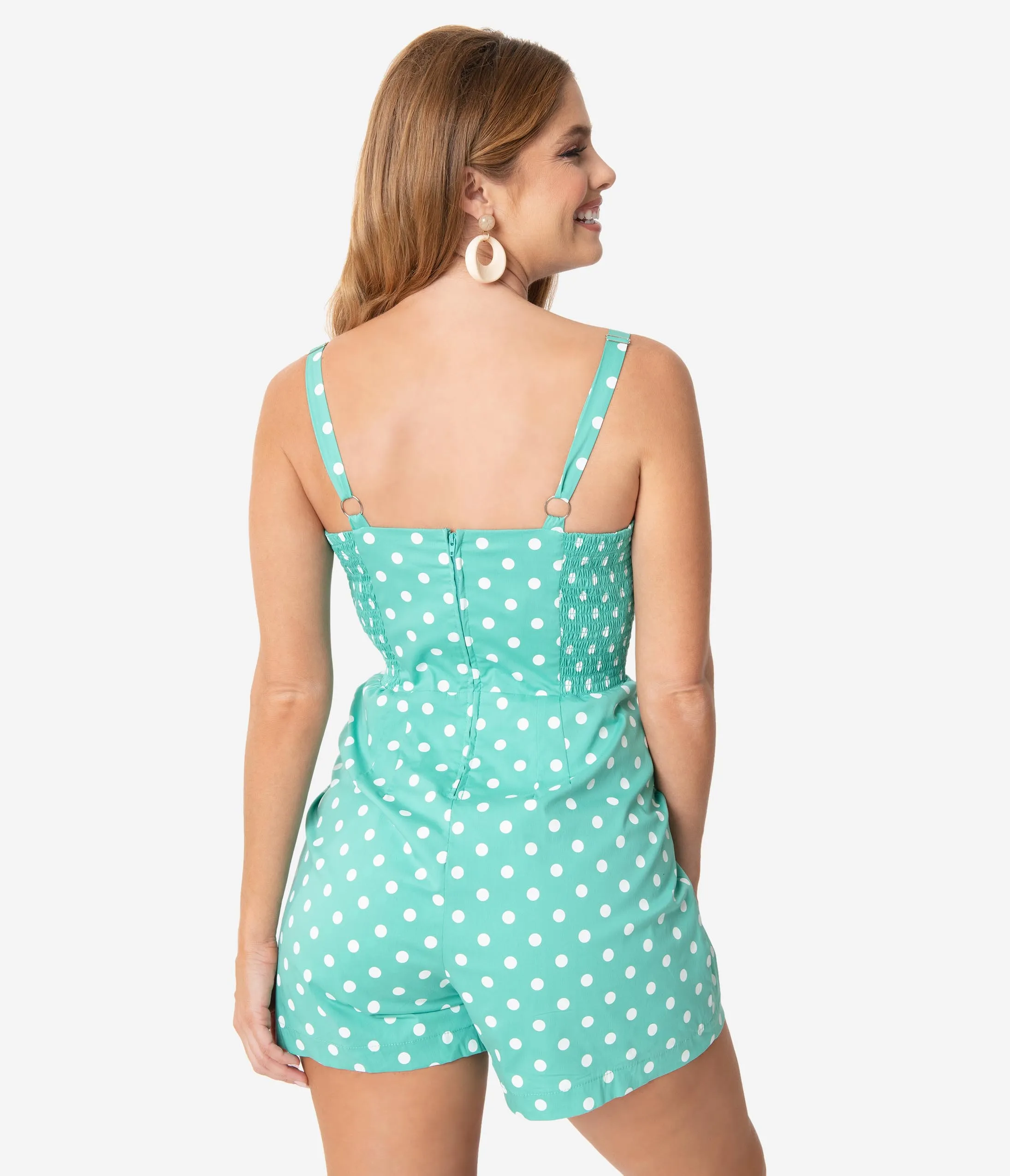 Unique Vintage Mint & White Dot Print Skirted Dolly Romper