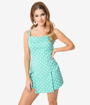 Unique Vintage Mint & White Dot Print Skirted Dolly Romper