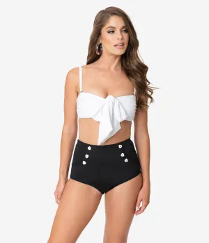 Unique Vintage Mrs. Cooper Black & White Heart Button Sailor Swim Shorts