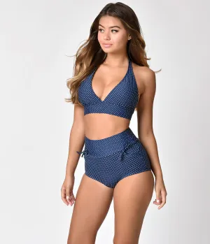 Unique Vintage Navy & Ivory Pin Dot Gilda High Waist Swim Bottoms