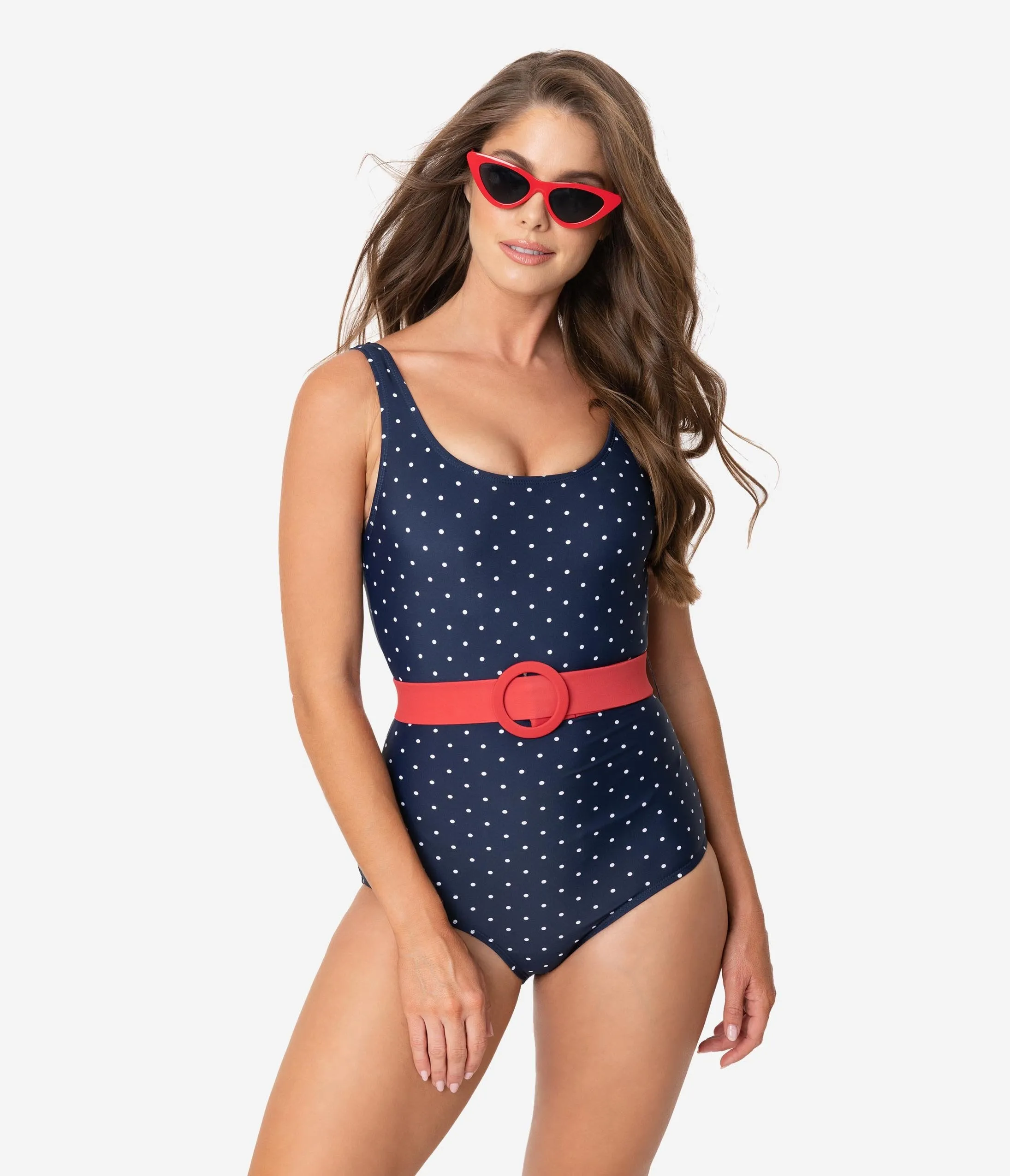 Unique Vintage Navy & White Pin Dot Belted Huntington Swimsuit