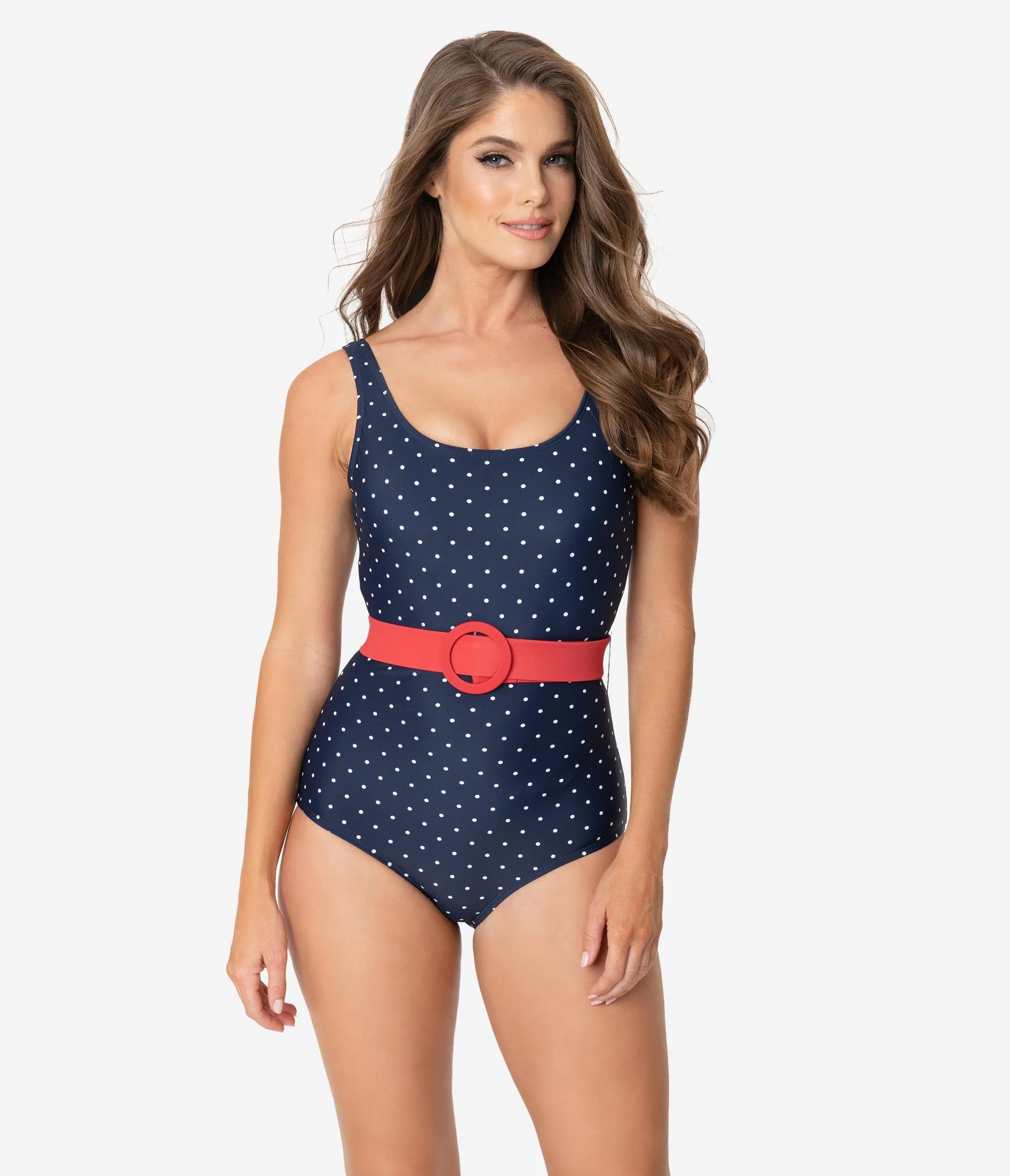 Unique Vintage Navy & White Pin Dot Belted Huntington Swimsuit