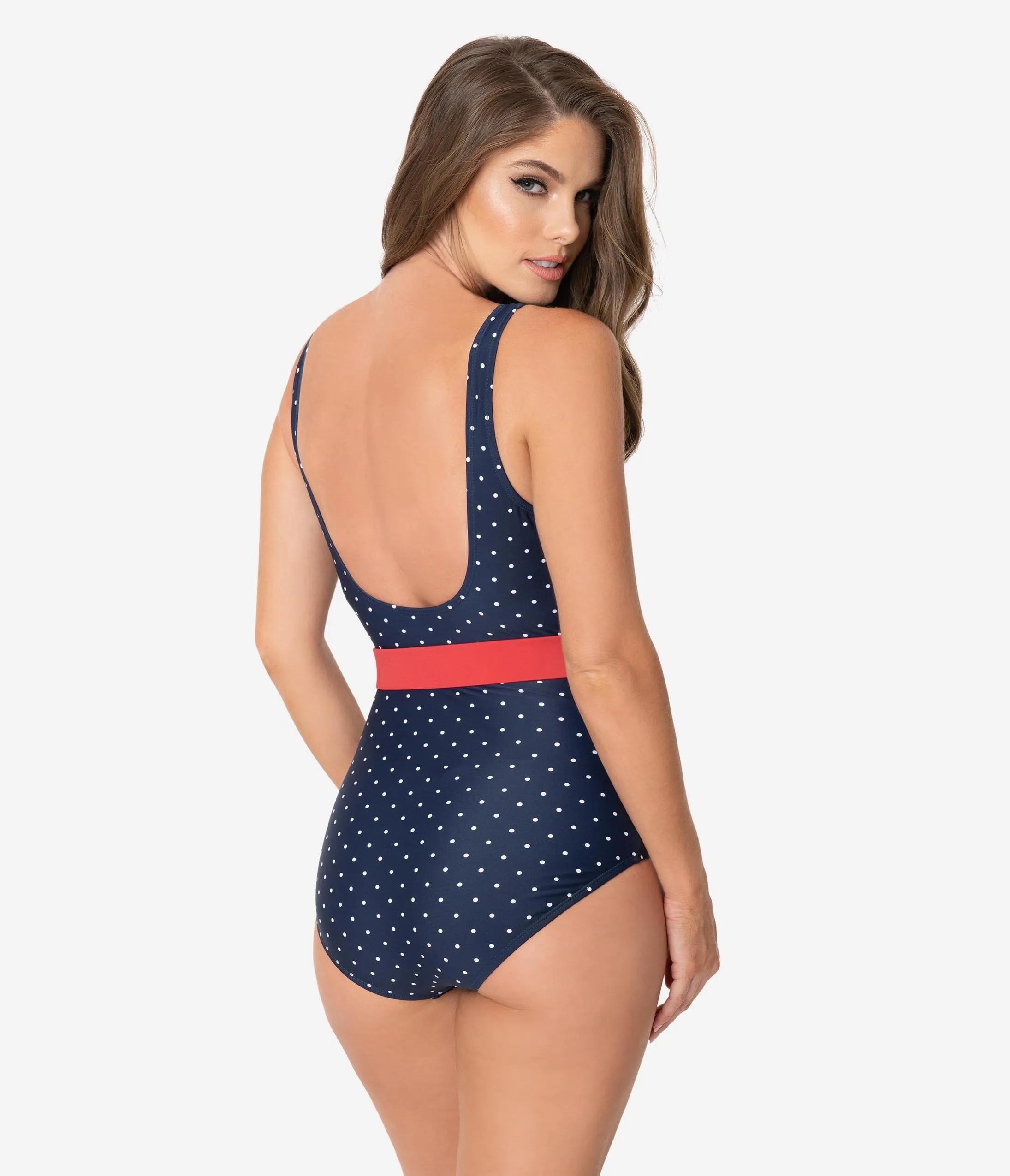 Unique Vintage Navy & White Pin Dot Belted Huntington Swimsuit