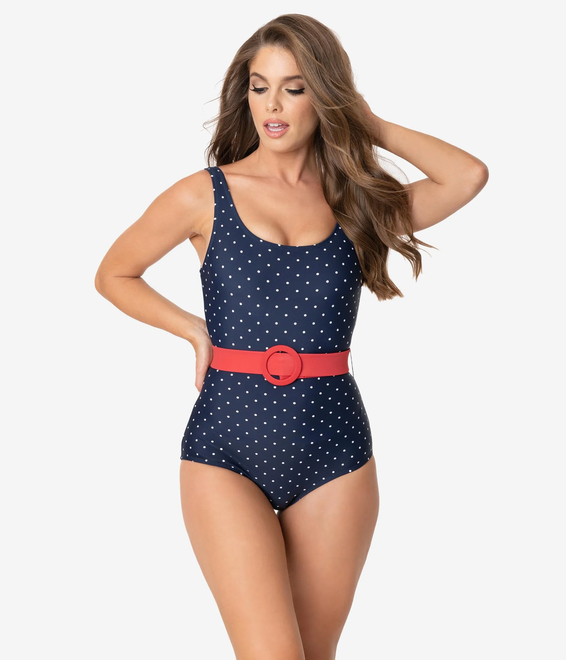 Unique Vintage Navy & White Pin Dot Belted Huntington Swimsuit