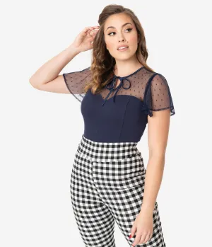 Unique Vintage Navy Swiss Dot Mesh Clara Top