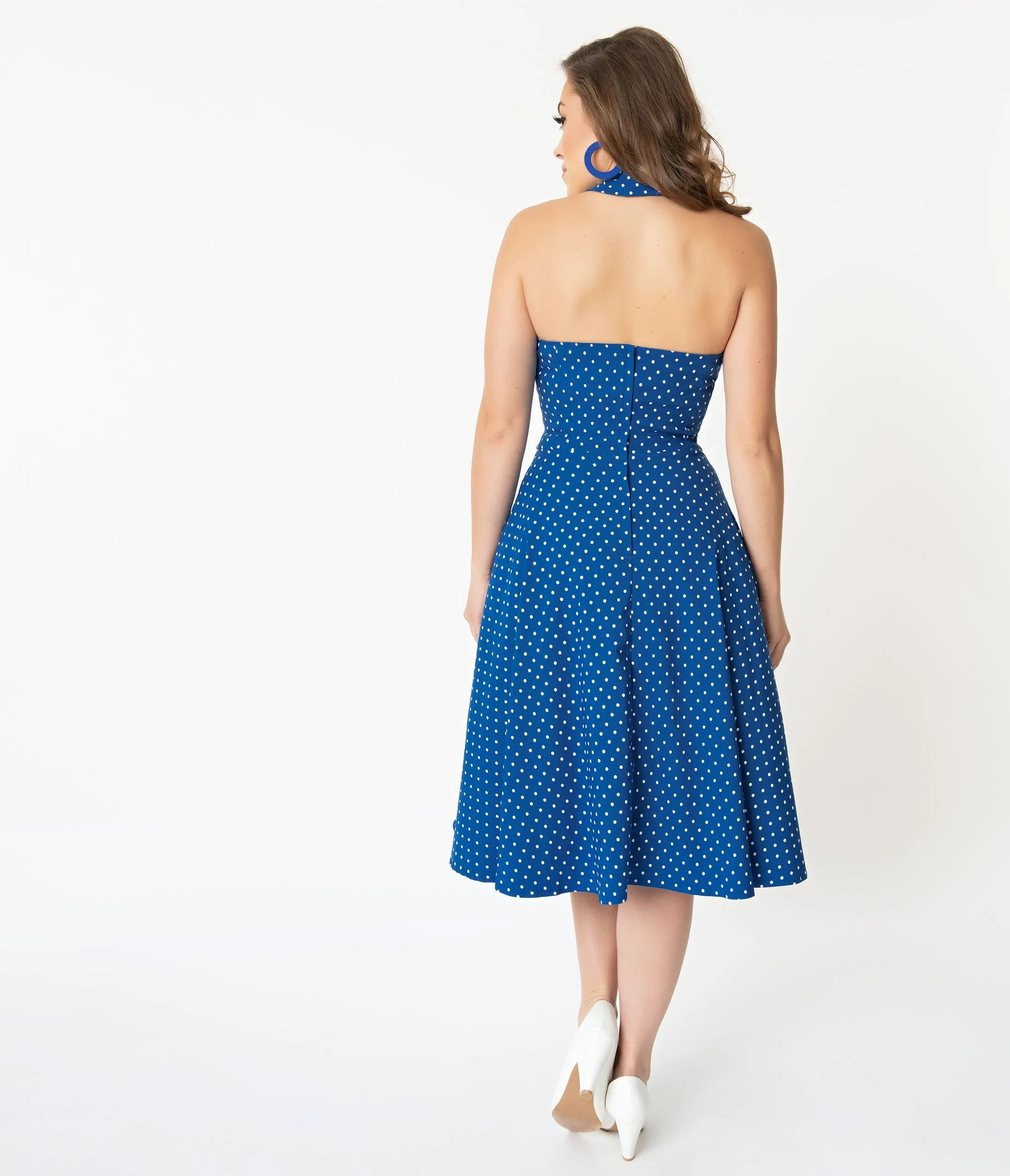 Unique Vintage   Pantone Classic Blue & White Pin Dot Rita Flare Dress