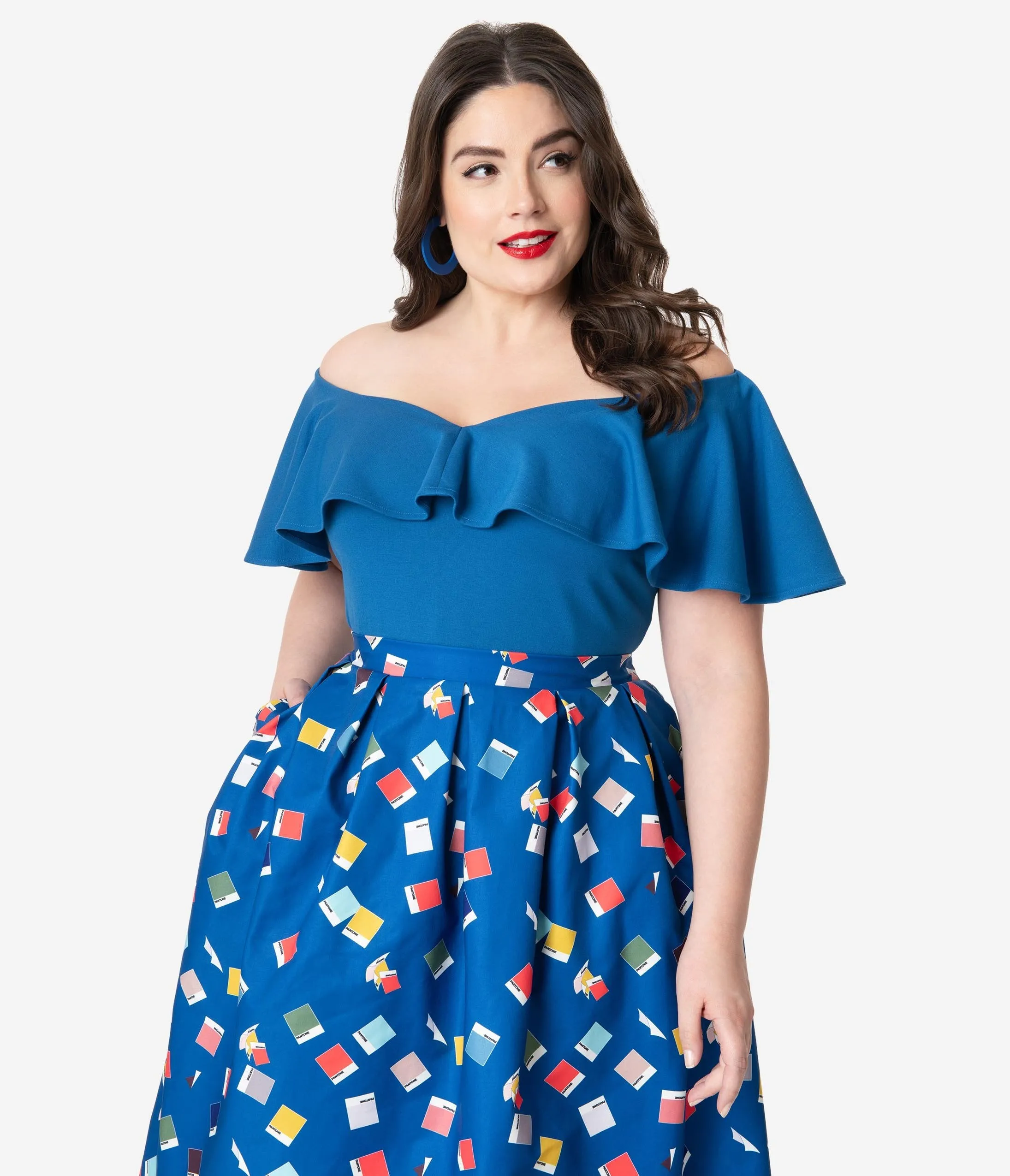 Unique Vintage   Pantone Plus Size Classic Blue Off Shoulder Ruffle Frenchie Top