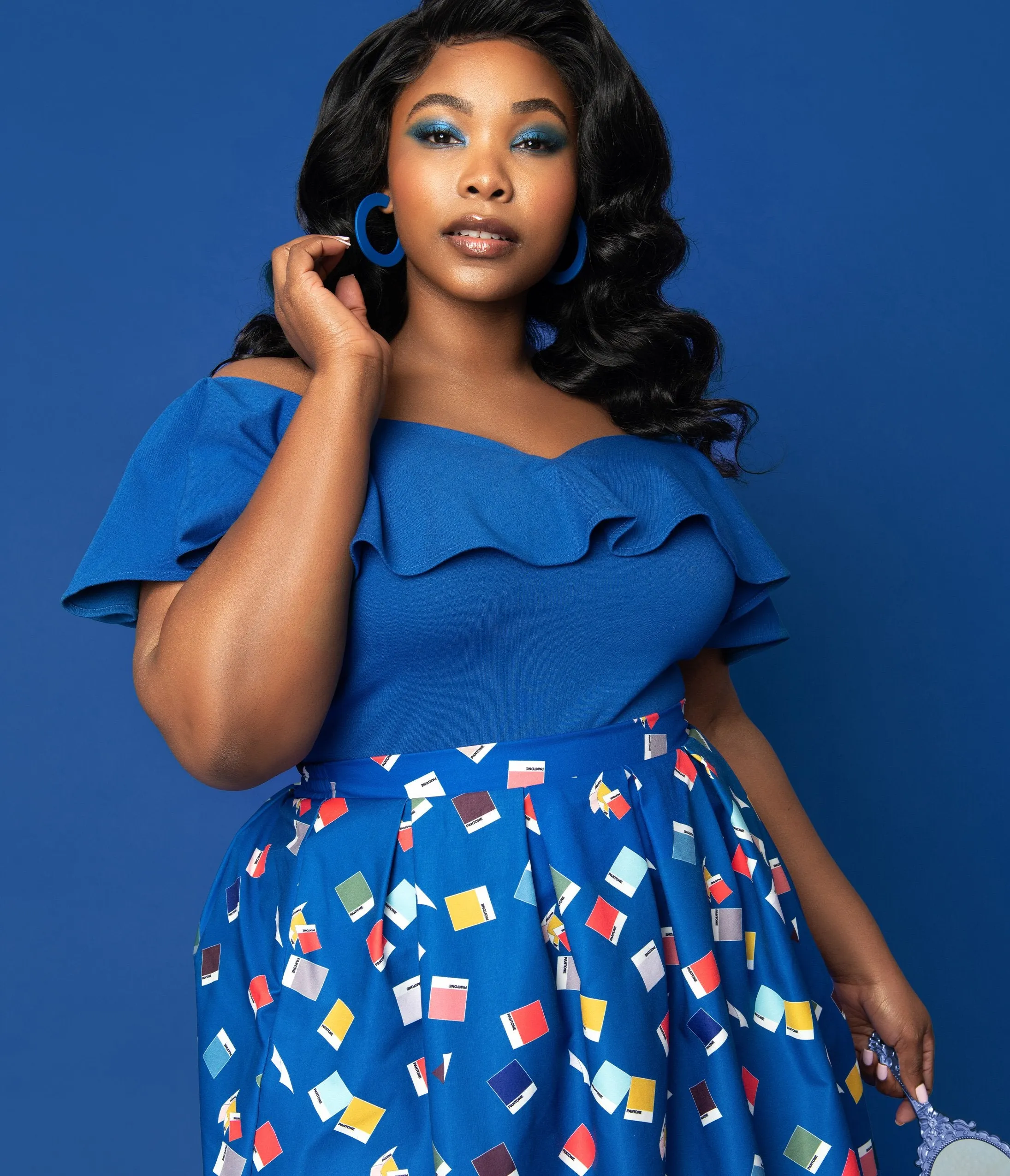 Unique Vintage   Pantone Plus Size Classic Blue Off Shoulder Ruffle Frenchie Top