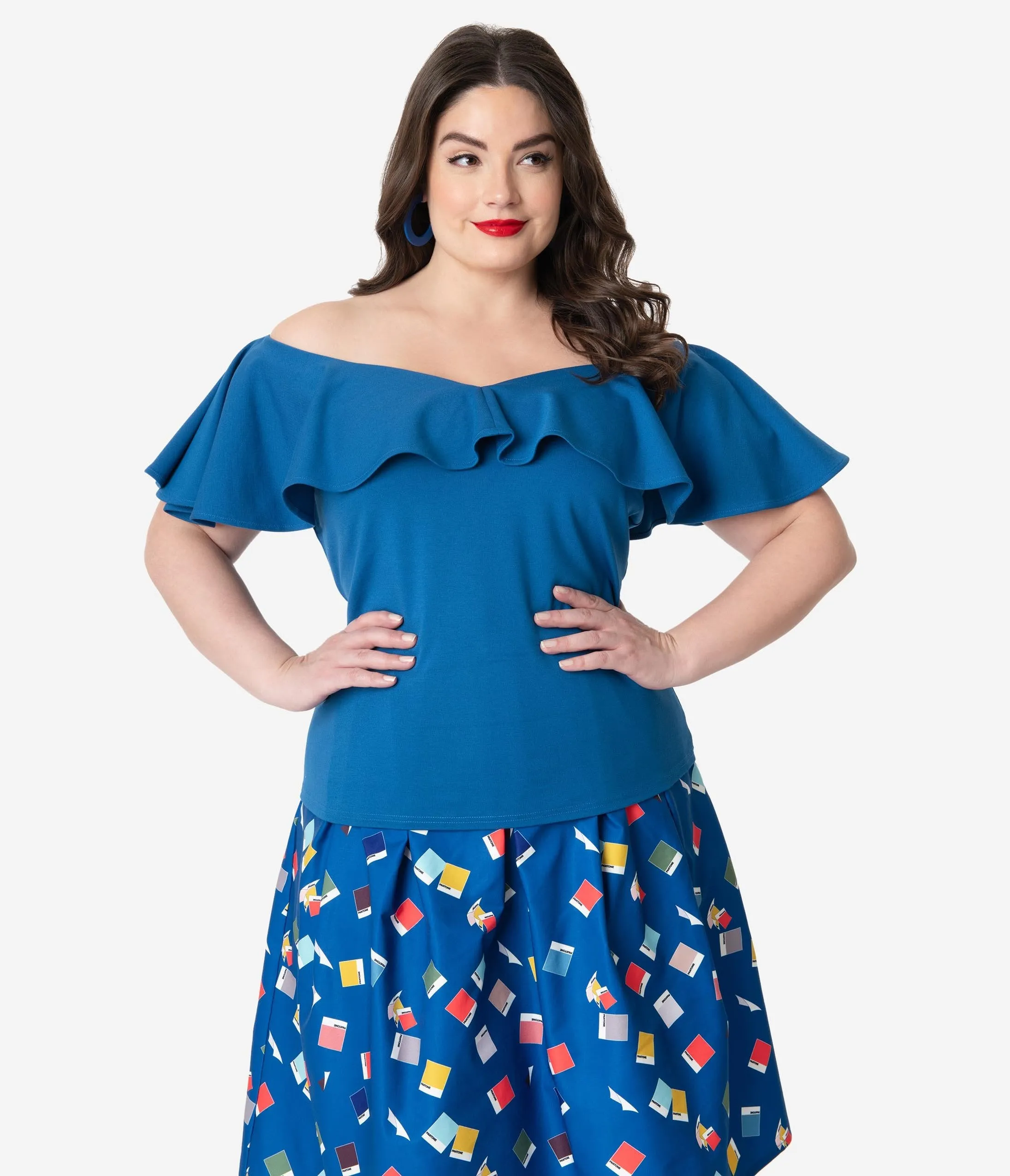 Unique Vintage   Pantone Plus Size Classic Blue Off Shoulder Ruffle Frenchie Top