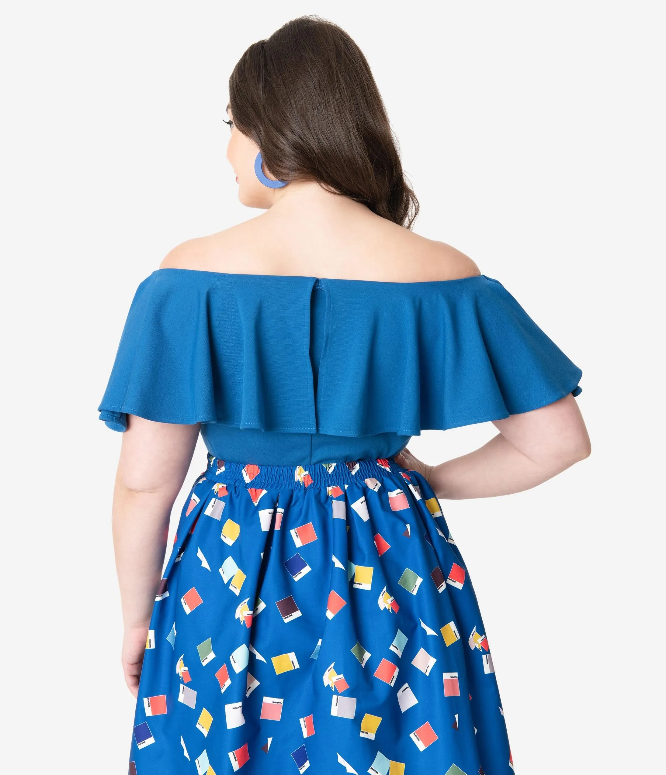 Unique Vintage   Pantone Plus Size Classic Blue Off Shoulder Ruffle Frenchie Top