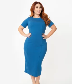 Unique Vintage   Pantone Plus Size Classic Blue Short Sleeve Mod Wiggle Dress